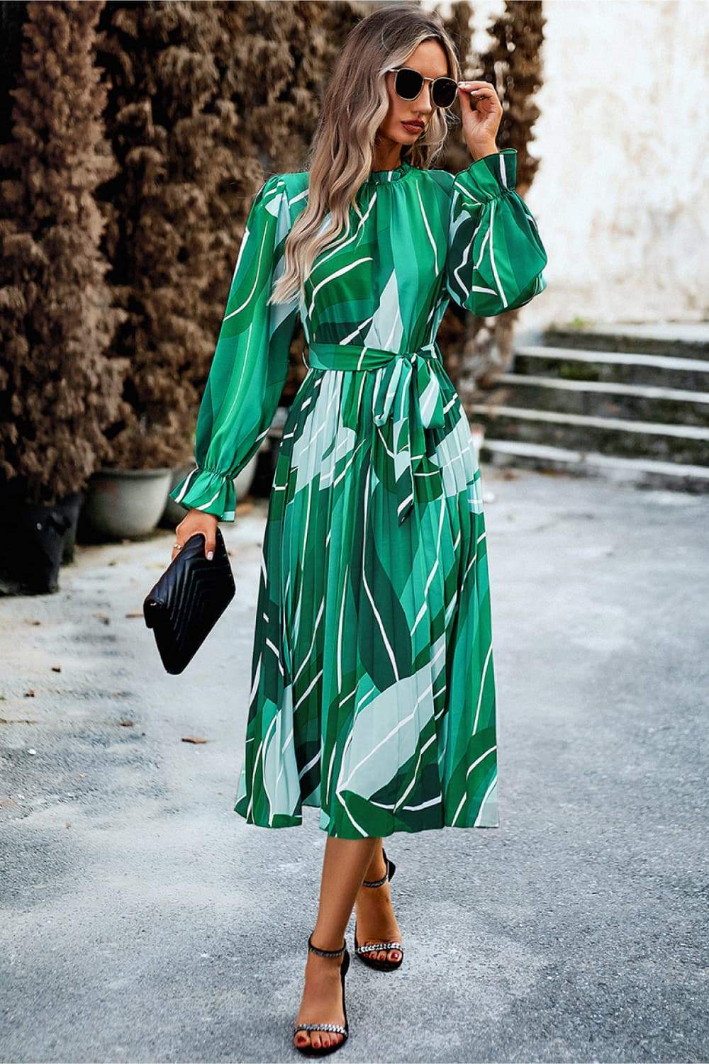 Ruffle Collar Flounce Sleeve Dress Green Casual Dresses - Tophatter Daily Deals