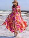 Printed V-Neck Short Sleeve Midi Dress Red-Violet Casual Dresses - Tophatter Daily Deals