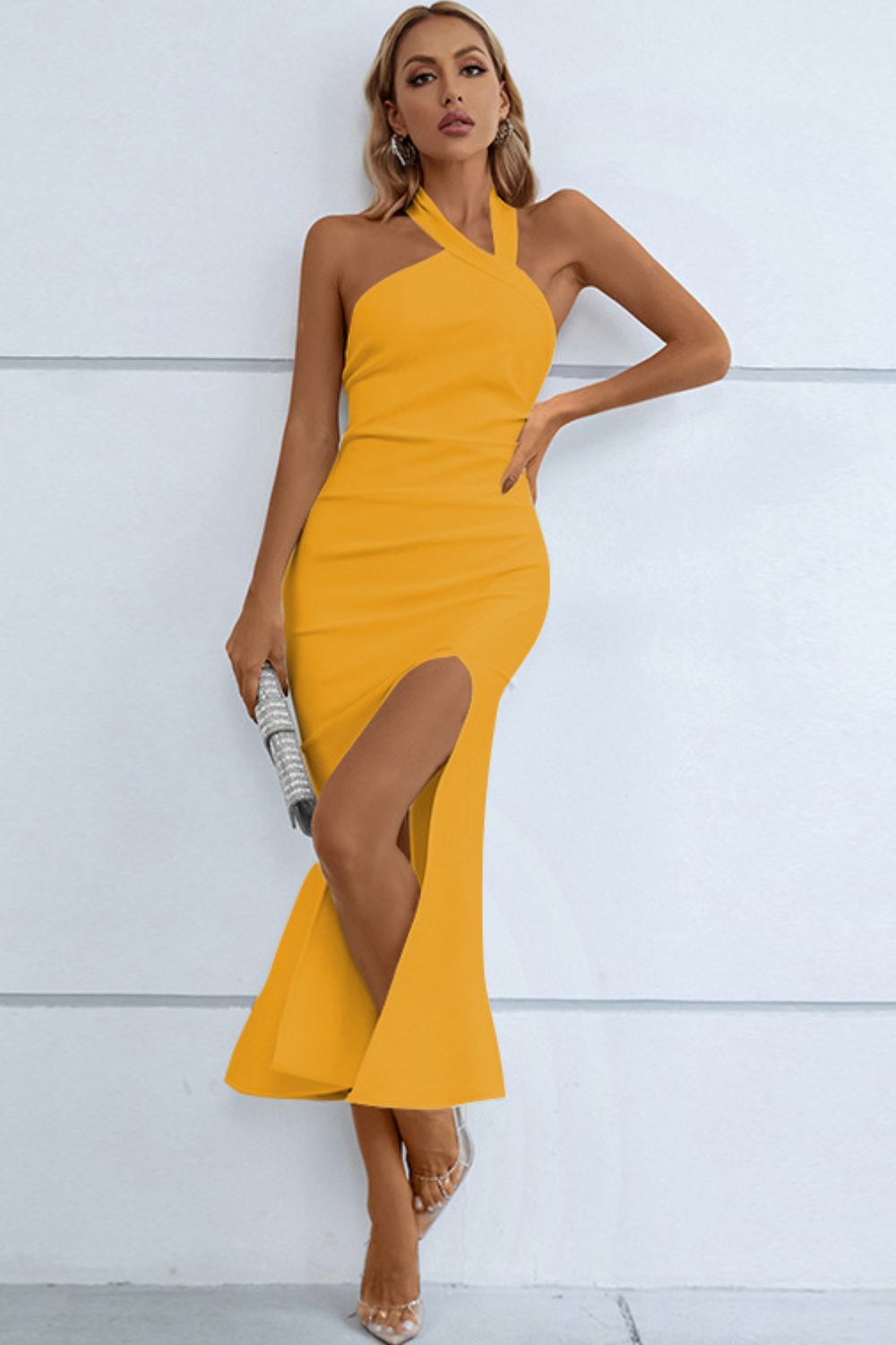 Halter Neck Split Fishtail Bodycon Dress - Tophatter Deals