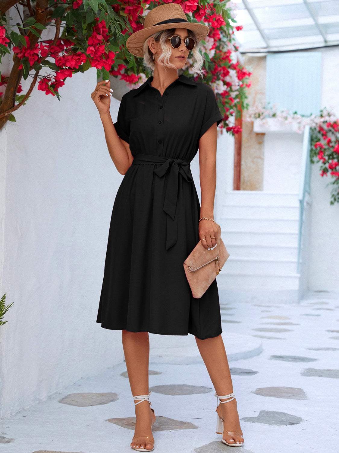 Buttoned Tie Waist Short Sleeve Dress Black Casual Dresses - Tophatter Daily Deals