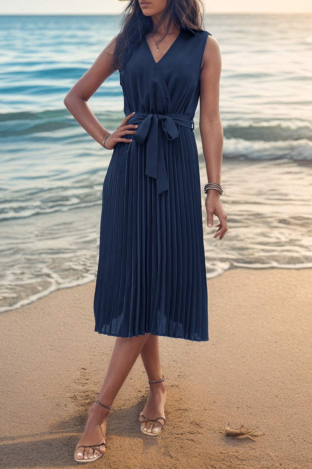 Tied Surplice Sleeveless Pleated Dress Navy Casual Dresses - Tophatter Daily Deals