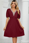 V-Neck Puff Sleeve Dress Wine Casual Dresses - Tophatter Daily Deals