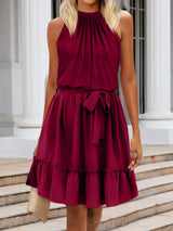 Ruched Grecian Neck Tie Waist Mini Dress Casual Dresses - Tophatter Daily Deals