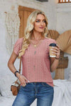 Decorative Button Eyelet V-Neck Short Sleeve T-Shirt Dusty Pink Women's T-Shirts - Tophatter Daily Deals