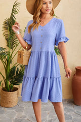 Swiss Dot Ruffled V-Neck Tiered Dress Casual Dresses - Tophatter Daily Deals