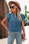 Swiss Dot Flutter Sleeve Notched Neck Blouse Dusty Blue Blouses - Tophatter Daily Deals