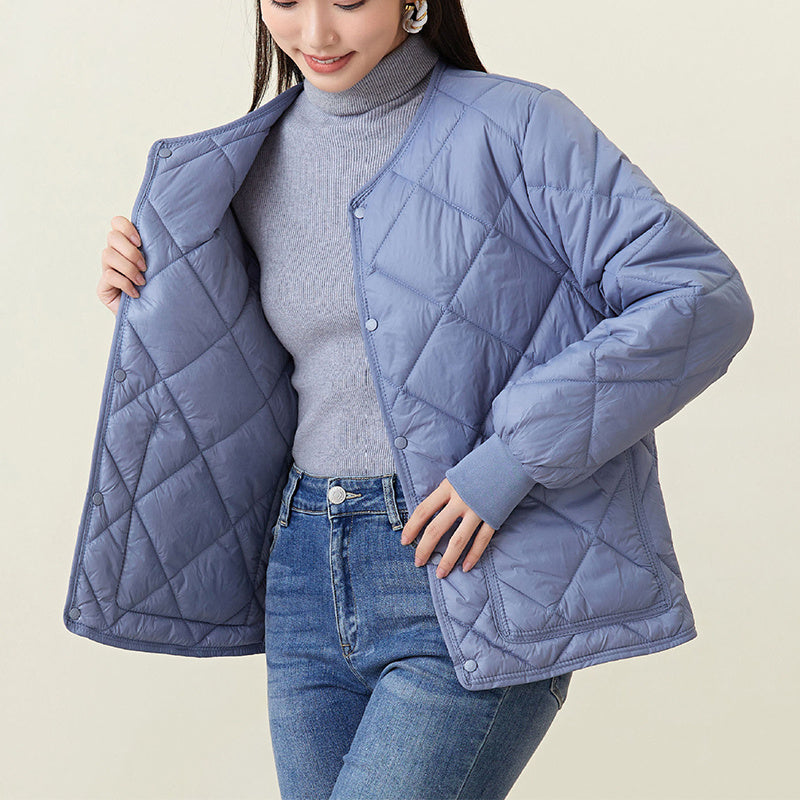 Lightweight Women's Quilted Coat - Relaxed Round Neck Nylon 3D Changing Face Moving Picture Frame - Tophatter Daily Deals