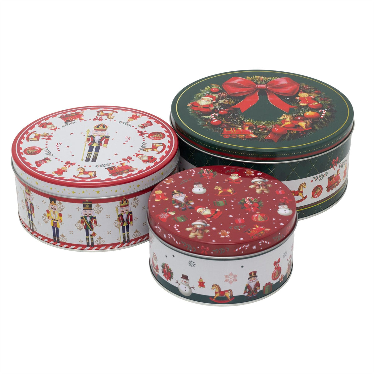 Set of 3 Traditional Christmas Storage Tins | 3-piece Round Kitchen Nesting Tins Biscuit Tin - Tophatter Daily Deals