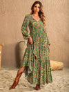 Printed Tie Neck Long Sleeve Dress Matcha Green Casual Dresses - Tophatter Daily Deals