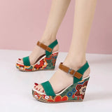 Fashion Flowers Embroidered High Wedge Sandals For Women Summer Toe Platform Buckle Shoes Green Humidifier - Tophatter Daily Deals