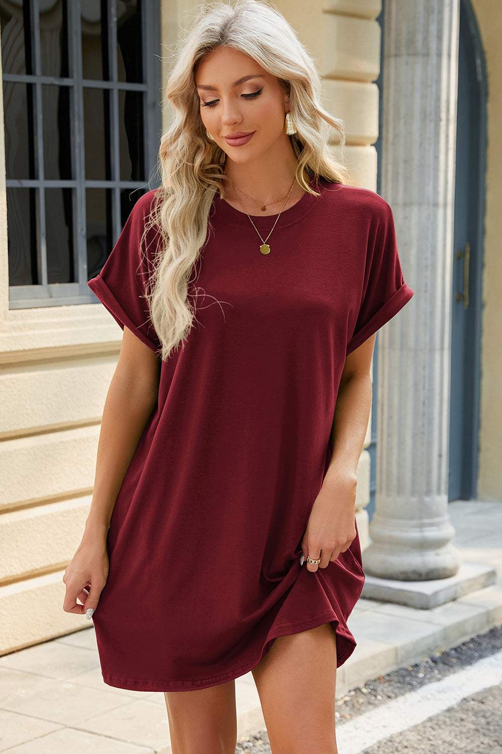 Round Neck Rolled Short Sleeve Tee Dress Wine Casual Dresses - Tophatter Daily Deals