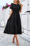 Smocked Round Neck Short Sleeve Midi Dress Black Casual Dresses - Tophatter Daily Deals