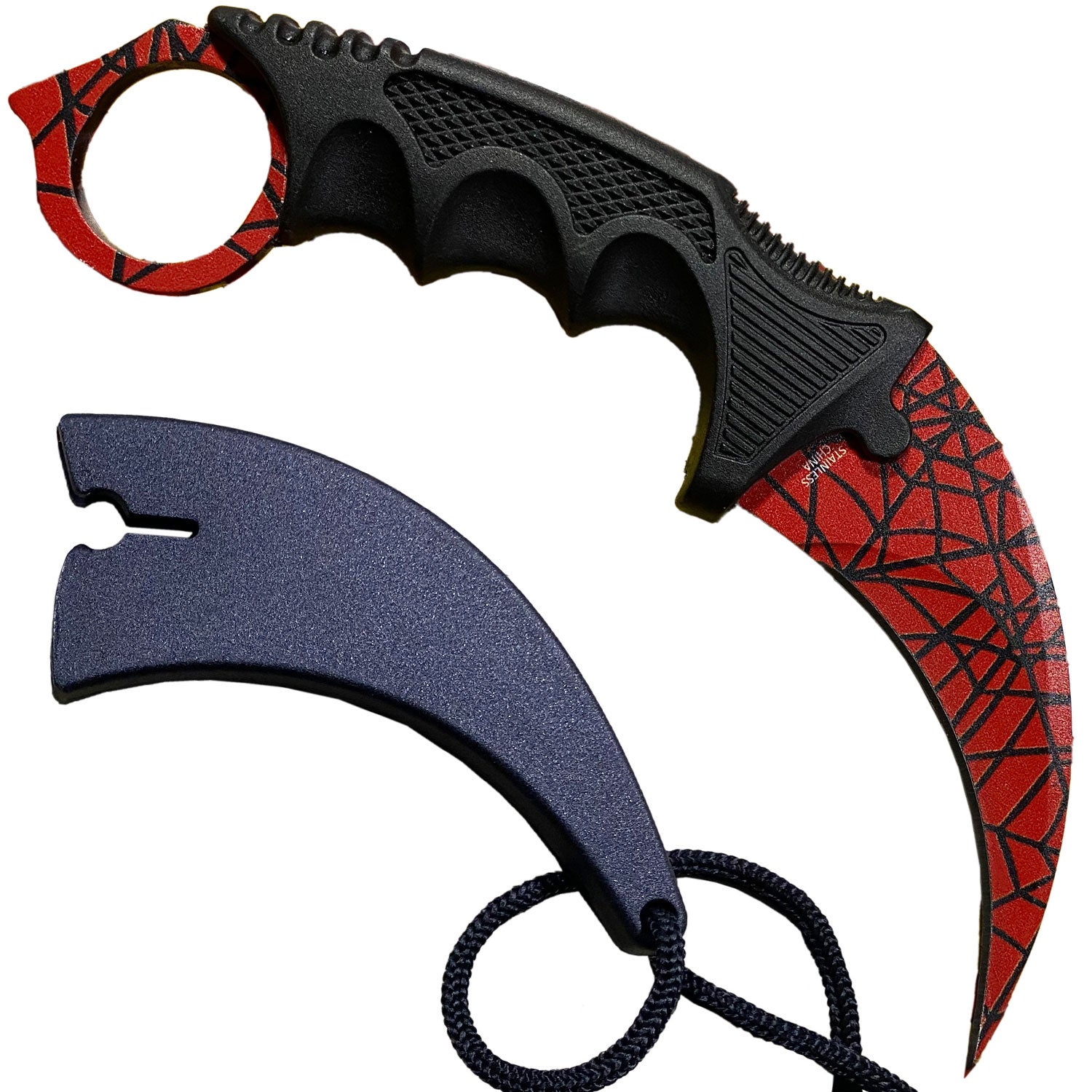 7.6" Red Spider Web Combat Tactical CSGO Karambit Neck Knife w Sheath - TOPHATTER'S ARMORY DEALS Collectible Weapons - Tophatter Daily Deals