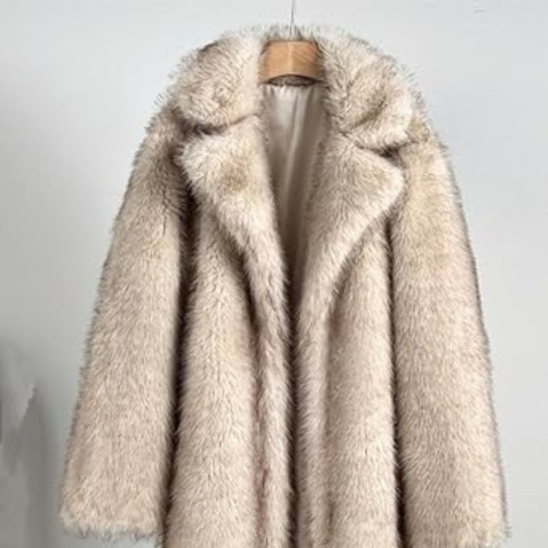 Warm Cozy Women's Long Coat - Notched Lapel, Faux Fur Beige 3D Changing Face Moving Picture Frame - Tophatter Daily Deals