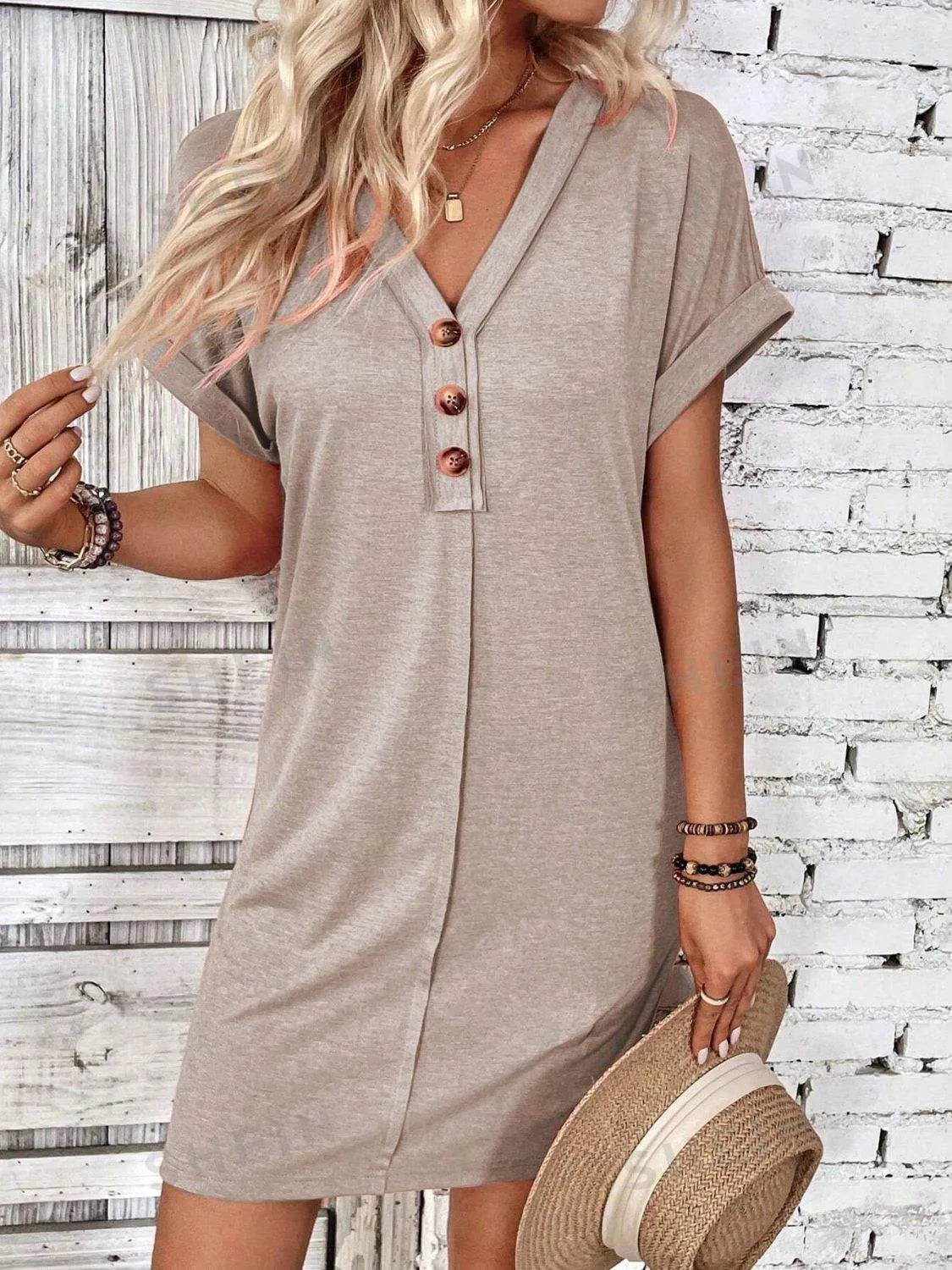 Quarter Button V-Neck Short Sleeve Dress Dust Storm Casual Dresses - Tophatter Daily Deals