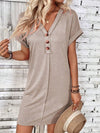 Quarter Button V-Neck Short Sleeve Dress - Tophatter Deals