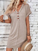 Quarter Button V-Neck Short Sleeve Dress Dust Storm Casual Dresses - Tophatter Daily Deals