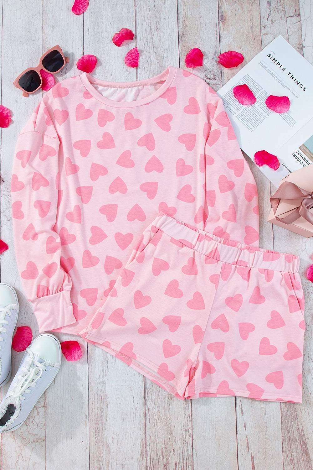 Heart Print Round Neck Top and Shorts Lounge Set Loungewear Sets - Tophatter Daily Deals