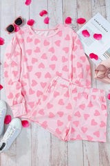 Heart Print Round Neck Top and Shorts Lounge Set Loungewear Sets - Tophatter Daily Deals