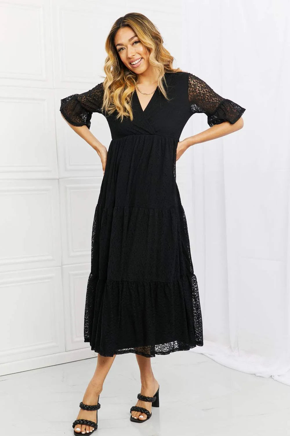 P & Rose Lovely Lace Full Size Tiered Dress Black Casual Dresses - Tophatter Daily Deals