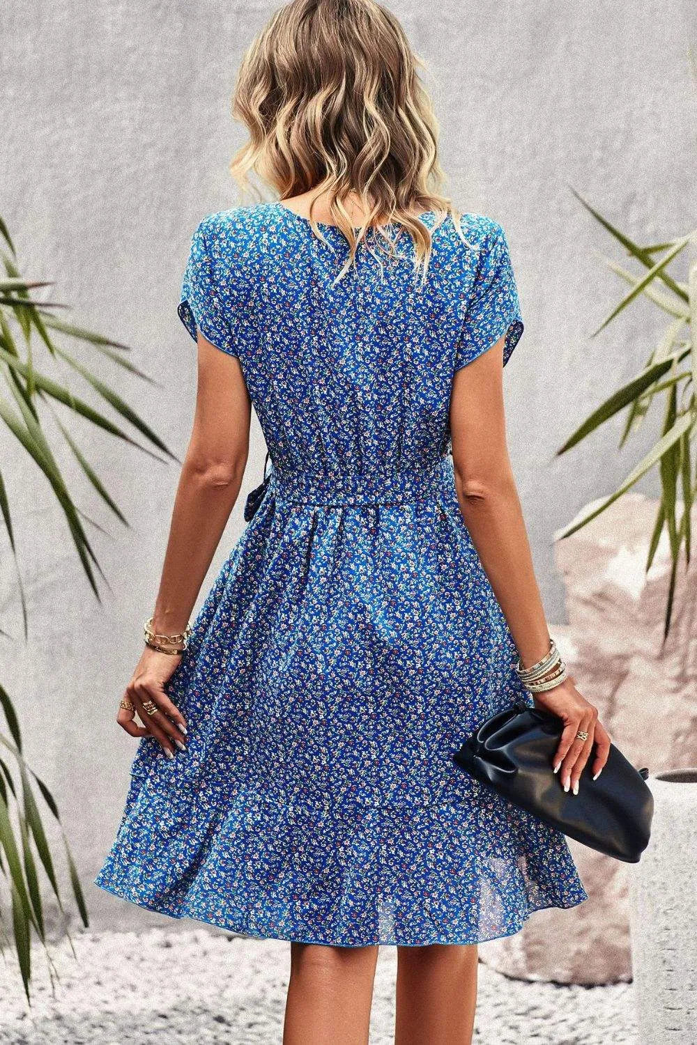 Belted Round Neck Petal Sleeve Mini Dress Casual Dresses - Tophatter Daily Deals