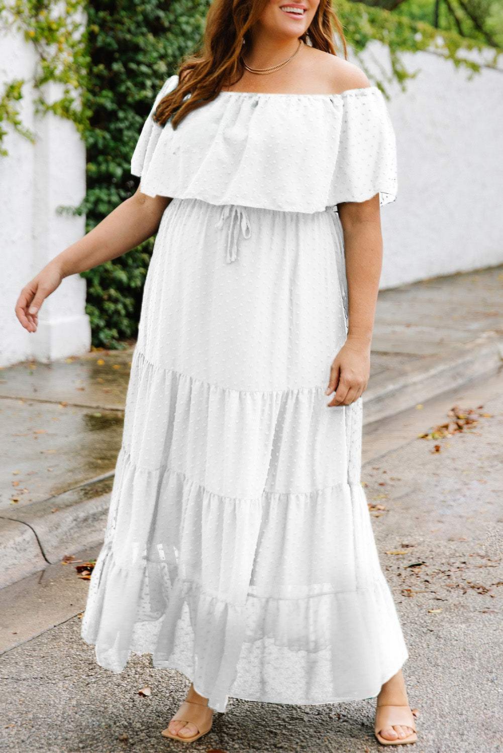 Plus Size Swiss Dot Off-Shoulder Tiered Dress White Casual Dresses - Tophatter Daily Deals