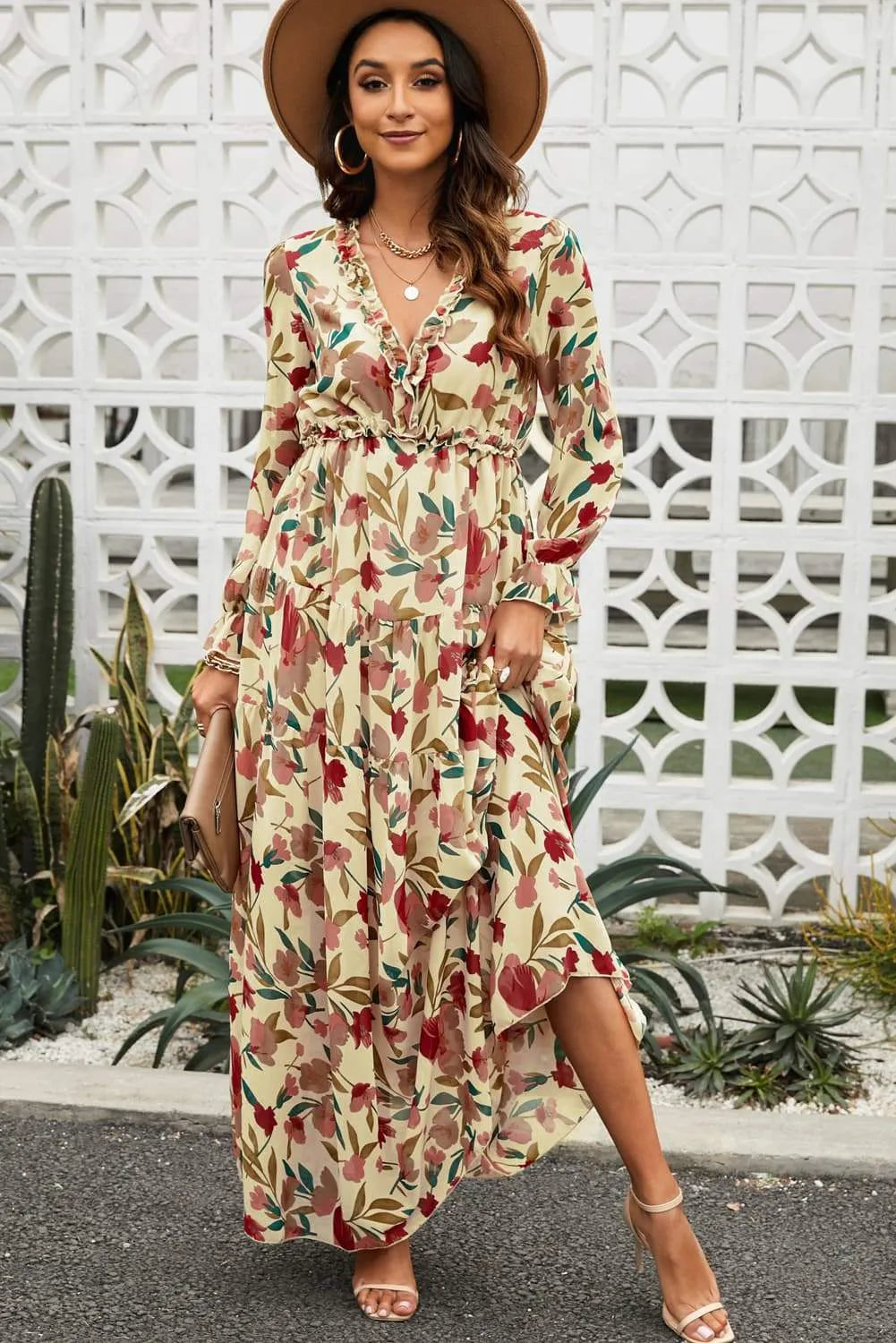 Floral Frill Trim Flounce Sleeve Plunge Maxi Dress Casual Dresses - Tophatter Daily Deals