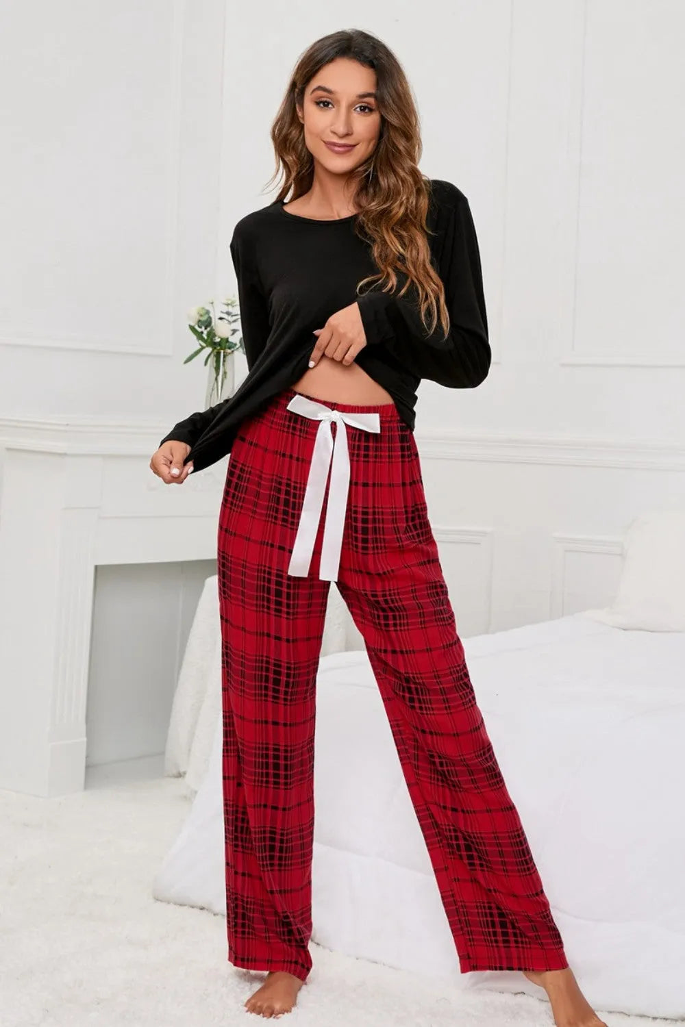 Round Neck Long Sleeve Top and Bow Plaid Pants Lounge Set Black Loungewear Sets - Tophatter Daily Deals