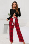 Round Neck Long Sleeve Top and Bow Plaid Pants Lounge Set Black Loungewear Sets - Tophatter Daily Deals