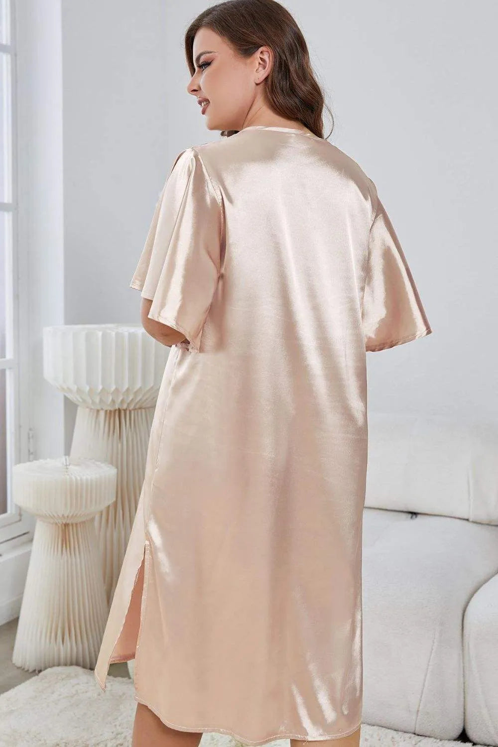 Plus Size Flutter Sleeve V-Neck Side Slit Night Gown Sleep Dresses - Tophatter Daily Deals
