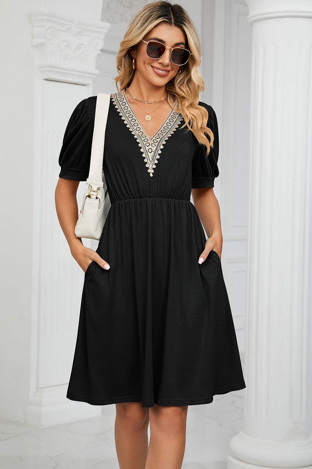 V-Neck Puff Sleeve Dress Casual Dresses - Tophatter Daily Deals