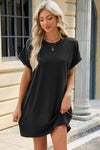 Round Neck Rolled Short Sleeve Tee Dress Black Casual Dresses - Tophatter Daily Deals