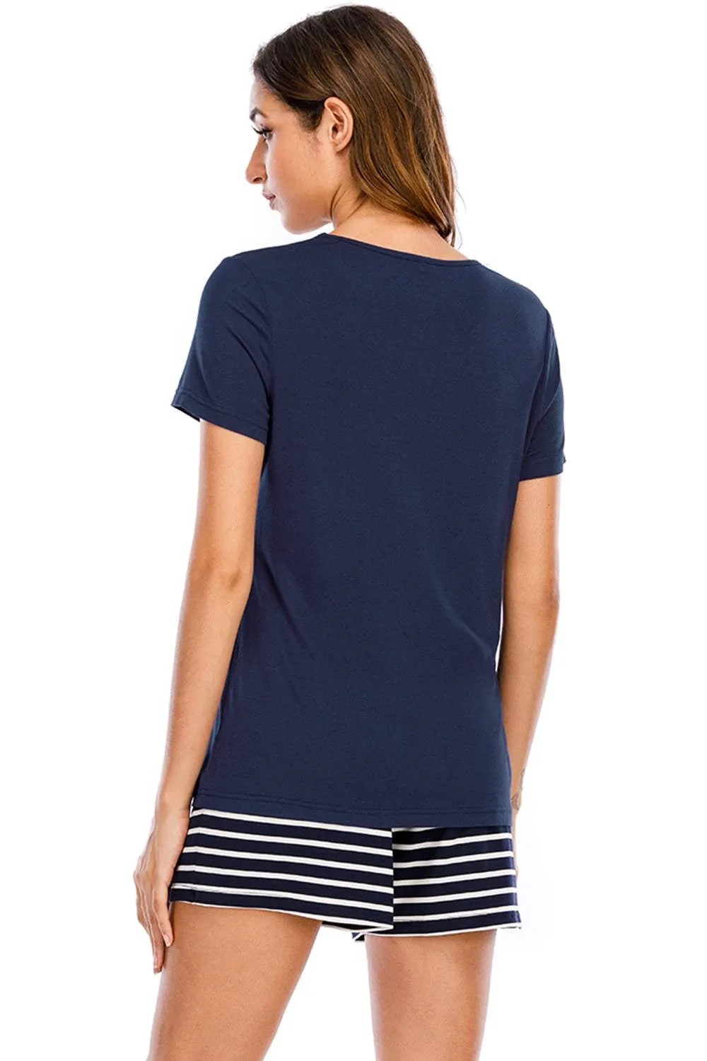 Graphic Round Neck Top and Striped Shorts Lounge Set Loungewear Sets - Tophatter Daily Deals