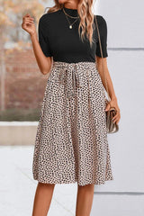 Printed Short Sleeve Belted Dress Sand Casual Dresses - Tophatter Daily Deals