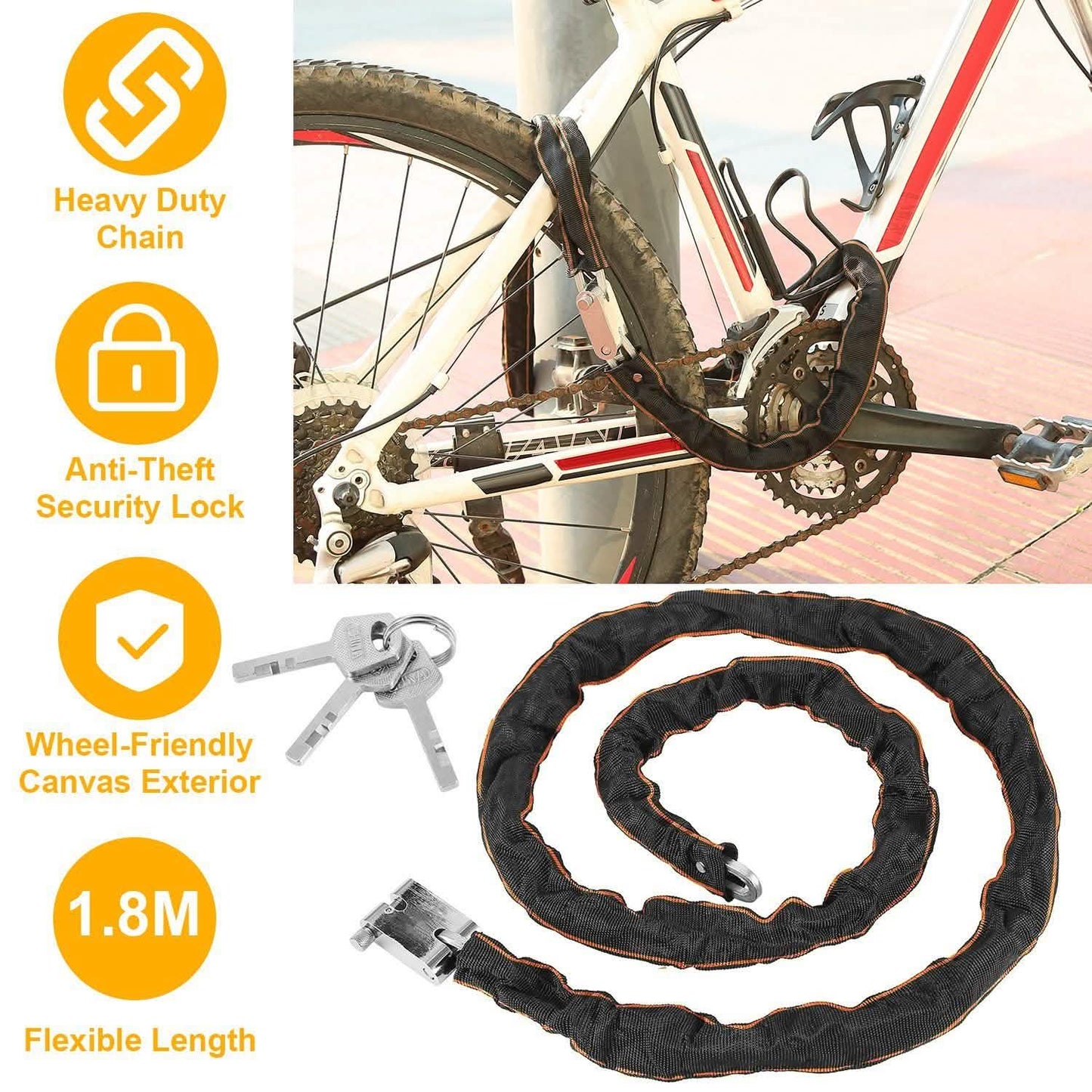 1.8m Bike Chain Lock with 3 Keys Heavy Duty Security Lock Outdoor Recreation - Tophatter Daily Deals