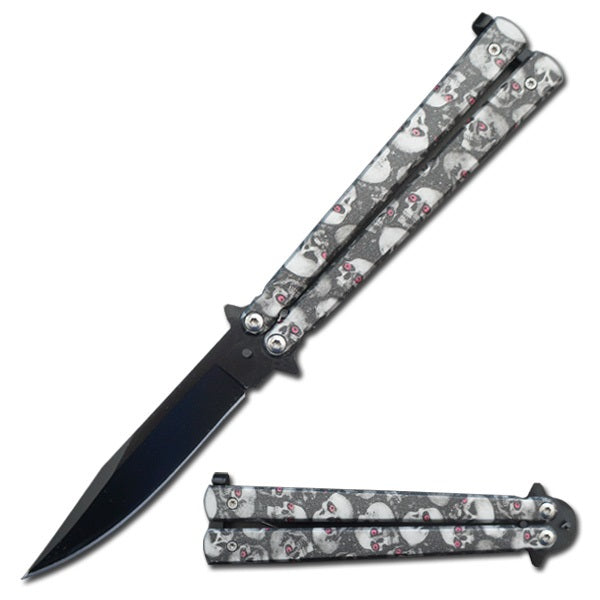 5" Closed Stainless Steel Butterfly Knife - Grey Skulls - TOPHATTER'S ARMORY DEALS Collectible Weapons - Tophatter Daily Deals