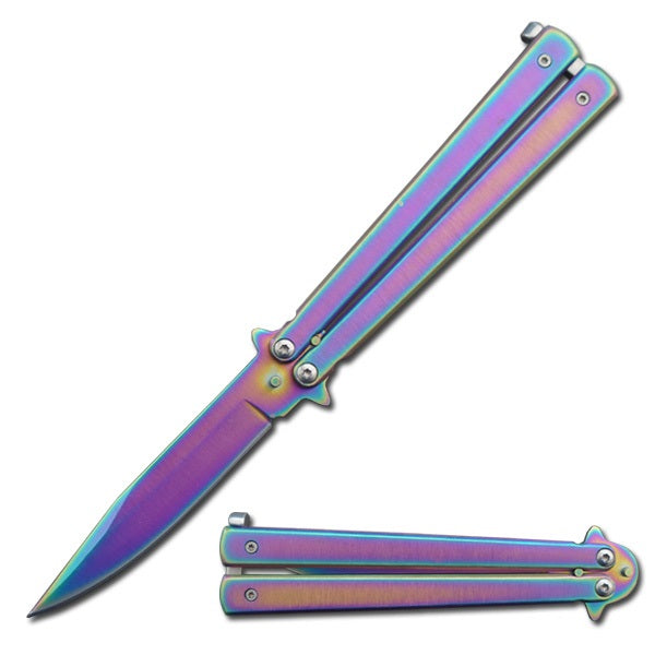 5" Closed Rainbow Stainless Steel Sandblast Butterfly Knife - TOPHATTER'S ARMORY DEALS Collectible Weapons - Tophatter Daily Deals