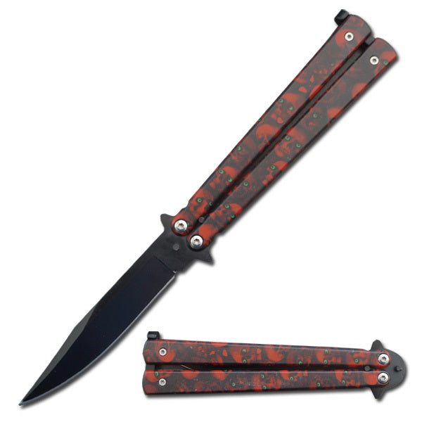 5" Closed Stainless Steel Butterfly Knife - Red Skulls - TOPHATTER'S ARMORY DEALS Collectible Weapons - Tophatter Daily Deals