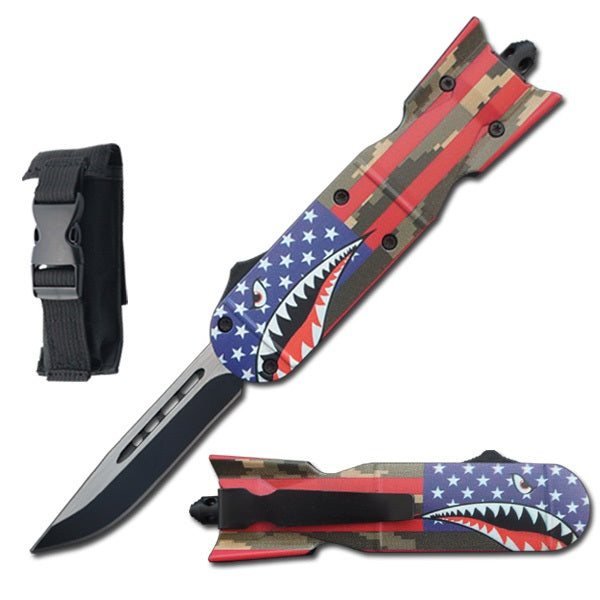 7.25" Shark Bomb Fighter OTF Automatic Knife American Flag - TOPHATTER'S ARMORY DEALS Collectible Weapons - Tophatter Daily Deals