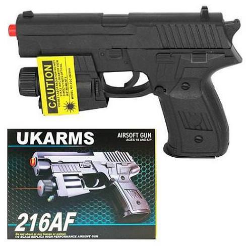 216AF Spring Airsoft Hand Gun With Laser & LED Light - TOPHATTER'S ARMORY DEALS Collectible Weapons - Tophatter Daily Deals
