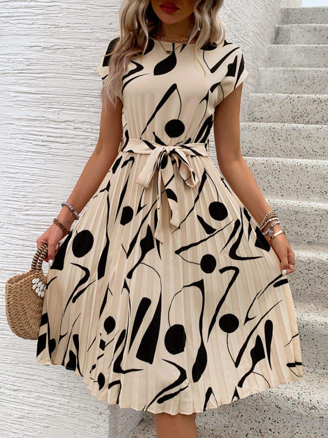 Tied Pleated Printed Cap Sleeve Dress - Tophatter Deals