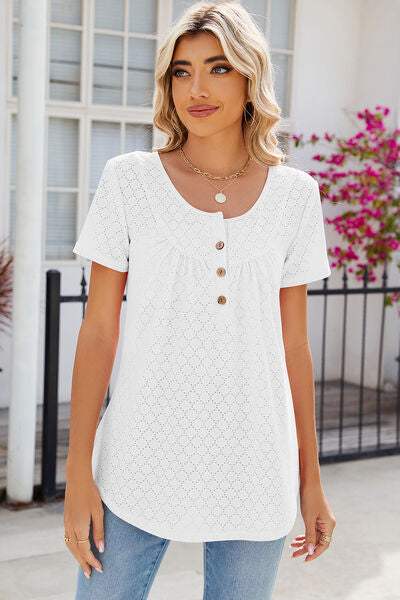 Eyelet Quarter Button Short Sleeve T-Shirt White Women's T-Shirts - Tophatter Daily Deals