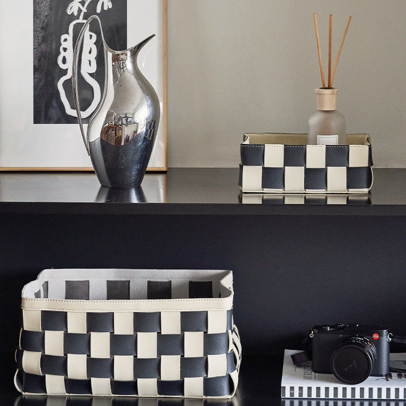 Black And White Hand Woven Storage Basket PU Black color blocking S L 0 - Tophatter Daily Deals