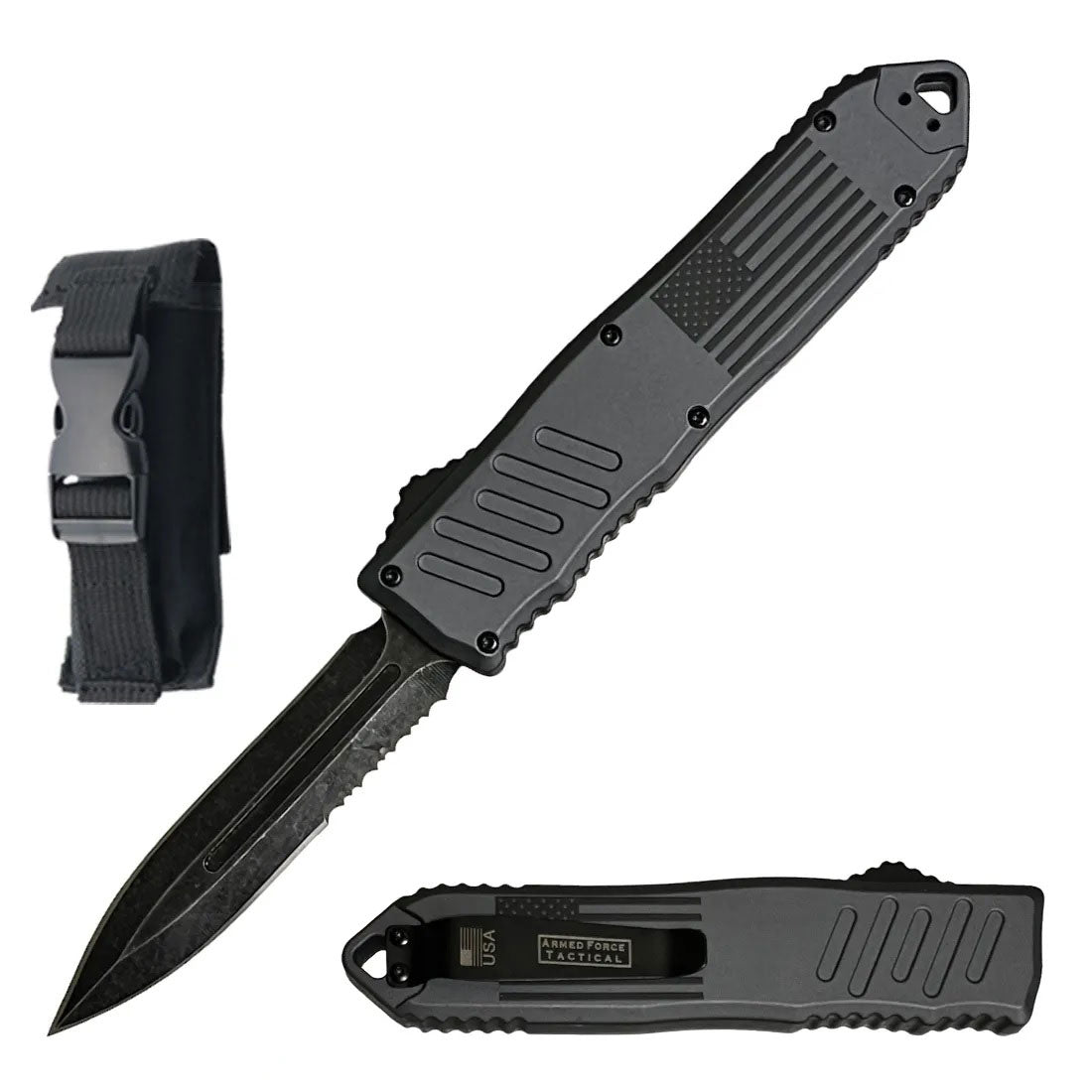 9" Havoc Military USA Flag Grey OTF Dual Action Automatic Knife - TOPHATTER'S ARMORY DEALS Collectible Weapons - Tophatter Daily Deals