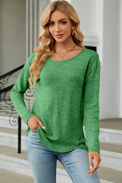 Round Neck Long Sleeve T-Shirt Mid Green Women's T-Shirts - Tophatter Daily Deals