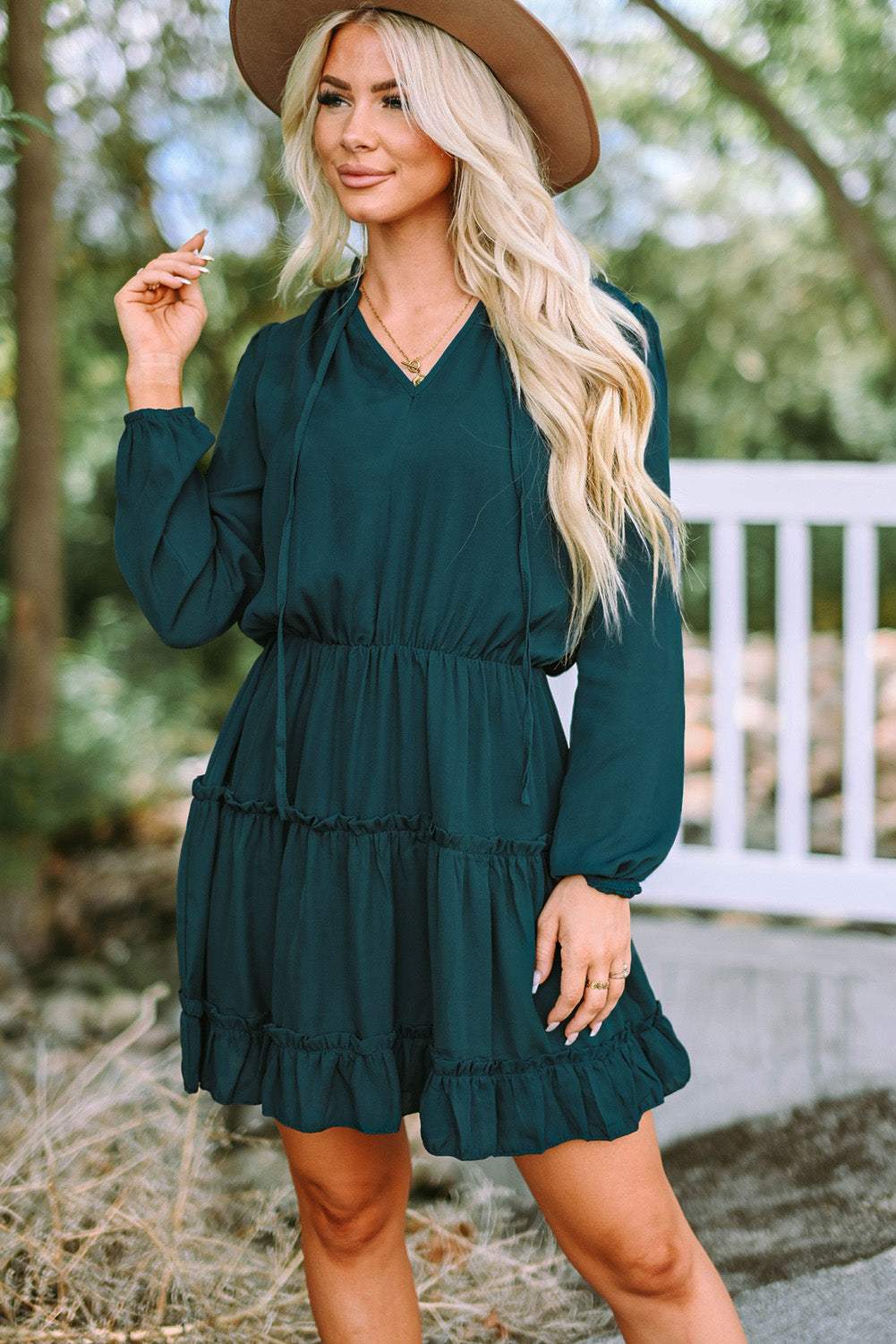 Frill Tie Neck Balloon Sleeve Dress Casual Dresses - Tophatter Daily Deals