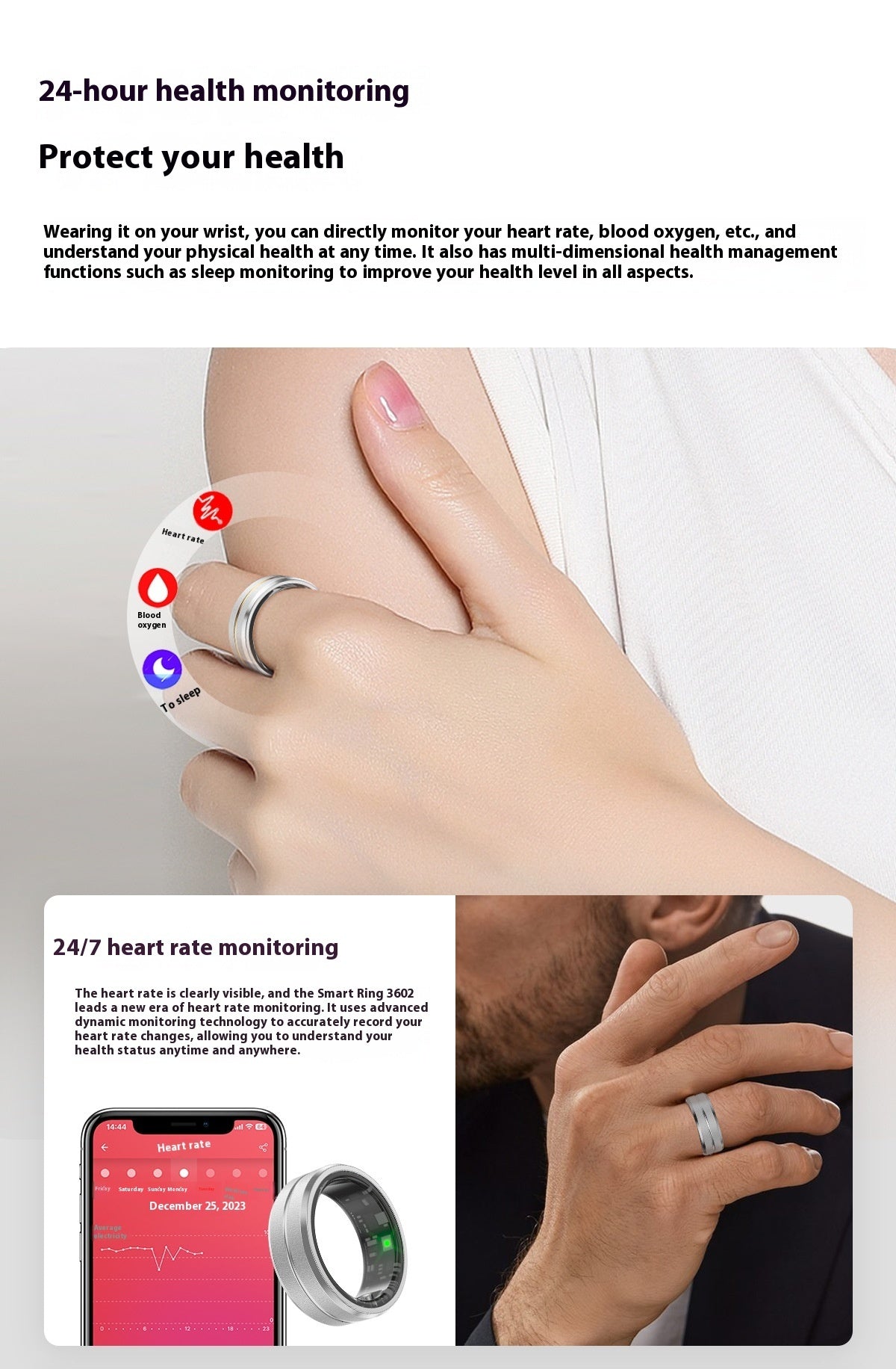 2024 Smart Ring For Men Women Heart Rate Blood Oxygen Monitoring Multi Sports Modes IP68 Waterproof Smart Rings For Android IOS 0 - Tophatter Daily Deals