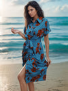 Tied Button Up Printed Short Sleeve Shirt Dress Peacock Blue Casual Dresses - Tophatter Daily Deals