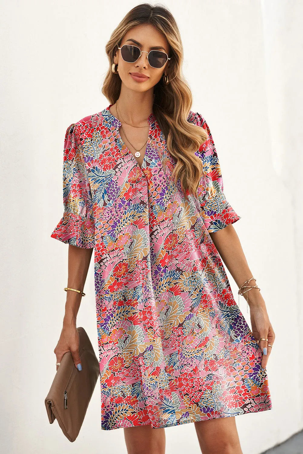 Floral Notched Neck Flounce Sleeve Shift Dress Multicolor Casual Dresses - Tophatter Daily Deals