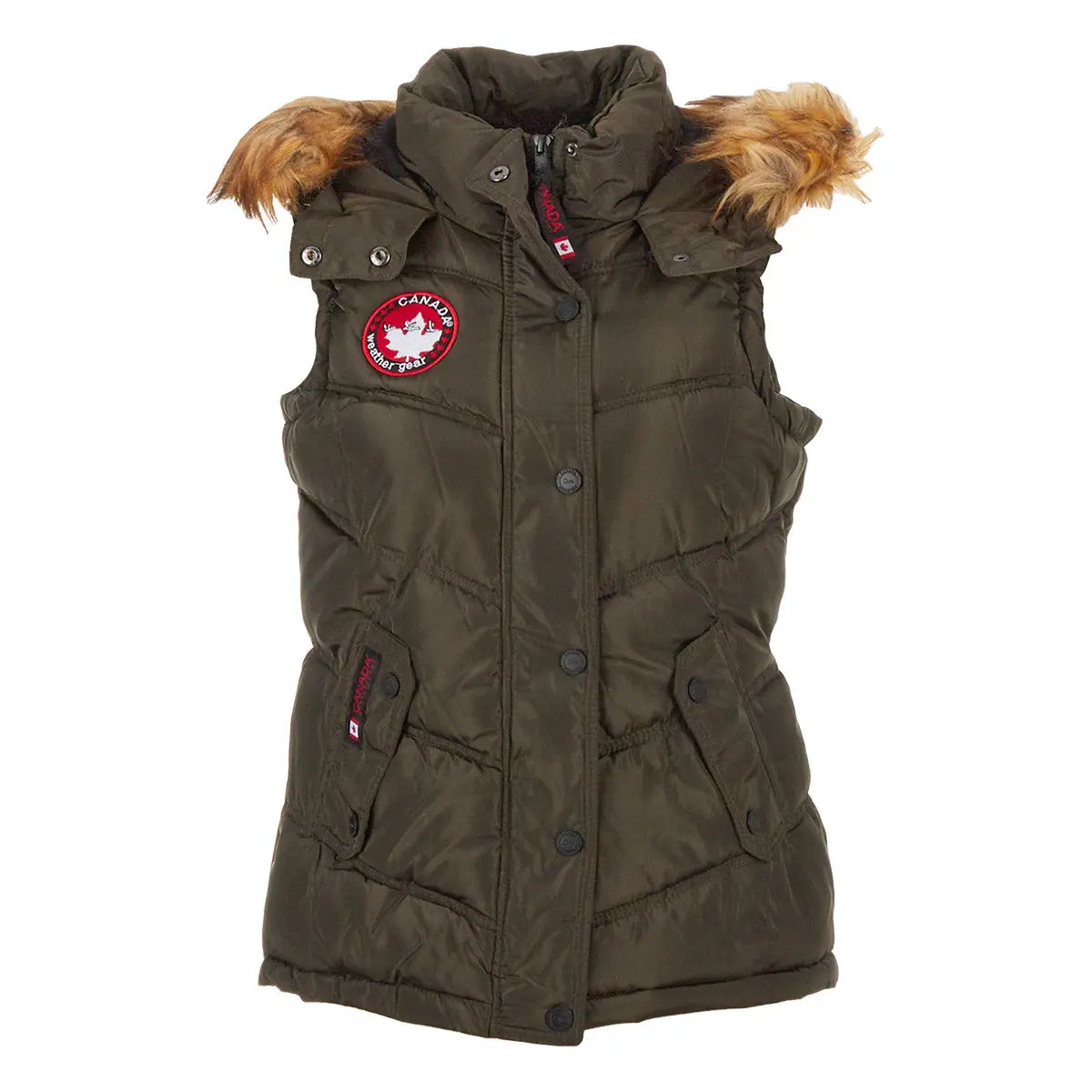 Canada Weather Gear Women's Puffer Vest with Faux Fur Trim Hood Olive Vests - Tophatter Daily Deals